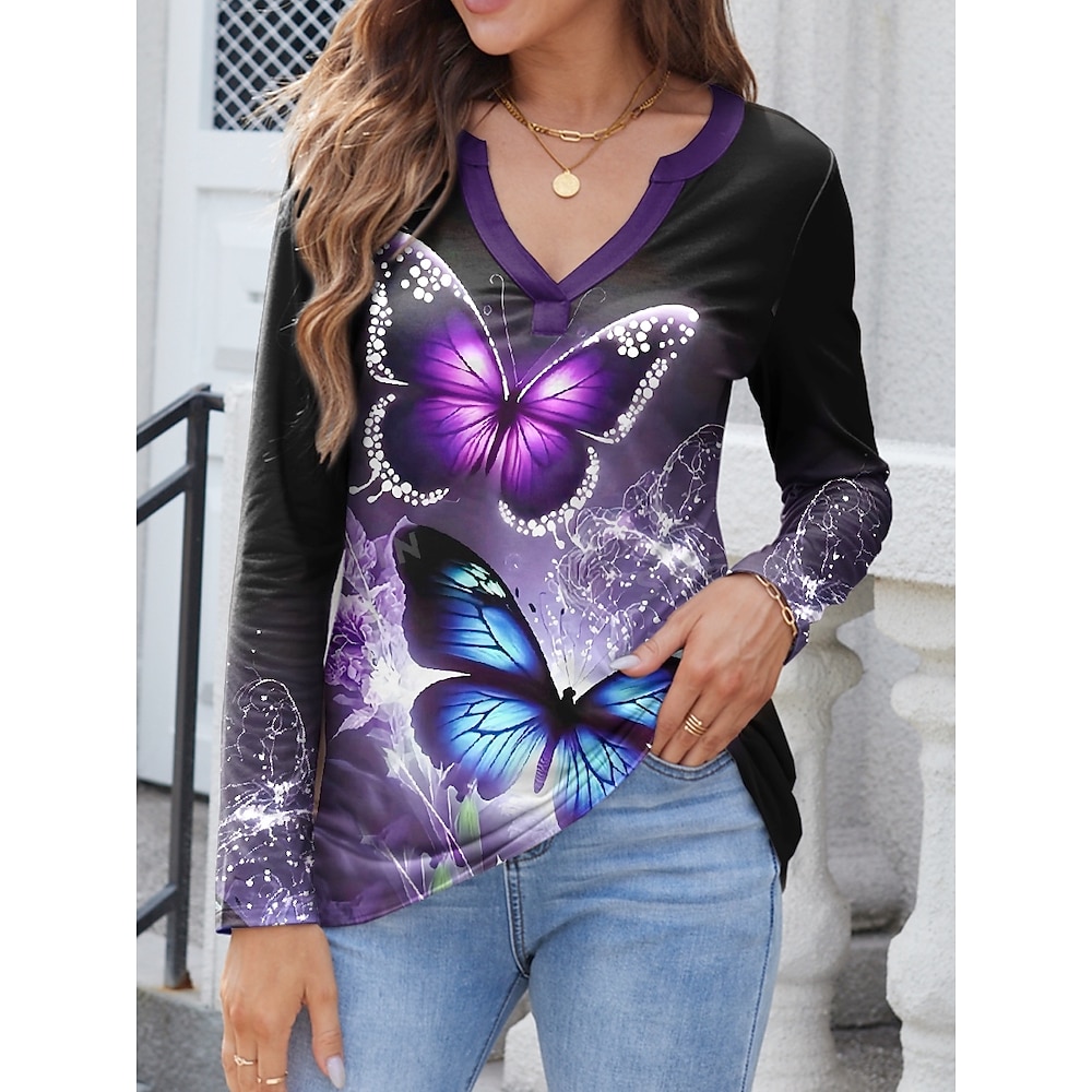 Damen T Shirt Brautkleider schlicht Graphic Schmetterling Normale Oberteile Langarm Gekerbter Hals Bedruckt Regular Fit Täglich Purpur Frühling Winter Lightinthebox