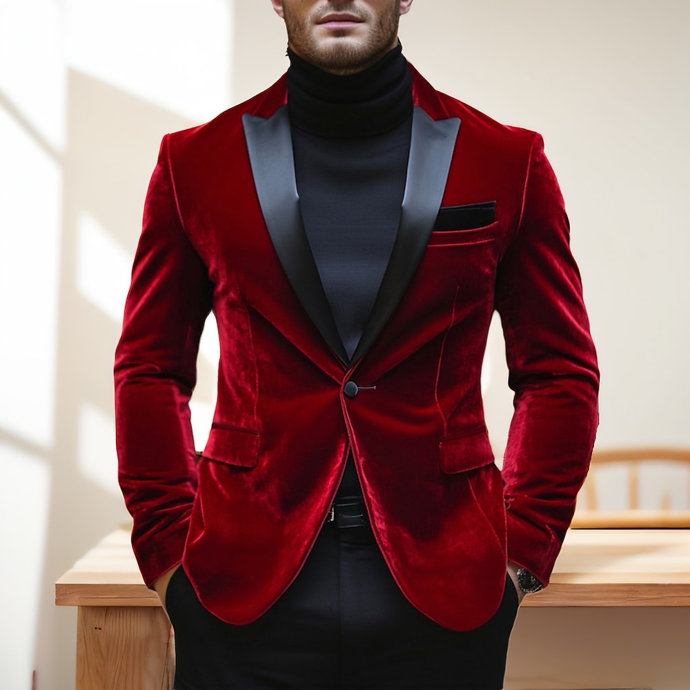 Herren Samt Blazer Jacke rot Party Blazer warm Winter Frühlingamp;Herbst einfarbige Tasche einreihiger Ein-Knopf-Blazer rot Lightinthebox