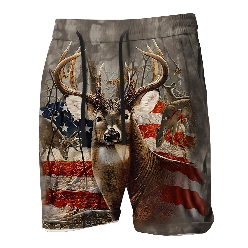 Herren Shorts Kurze Hosen Sommer-Shorts Strandshorts Kurze Hosen Kordelzug Elastische Taille 3D-Druck Amerikanische Flagge Jagd Hirsch Atmungsaktiv Weich Kurz Casual Täglich Festtage Strassenmode Lightinthebox