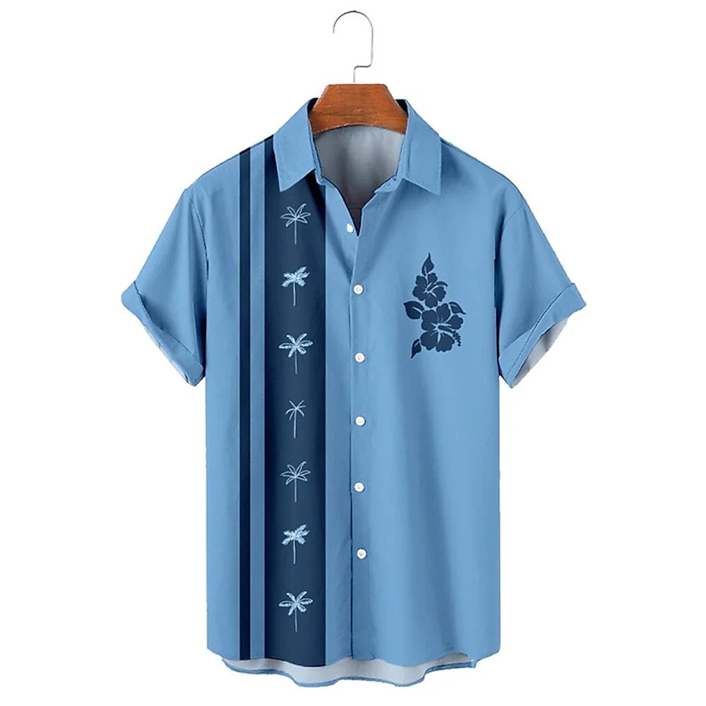 Herren Blumen Baum Bowling-Shirt Aloha-Shirt Kurzarm Hawaiianisch Resort Urlaub Normal Casual Sommer Frühling Umlegekragen Knopf hoch Weiß Blau Lightinthebox