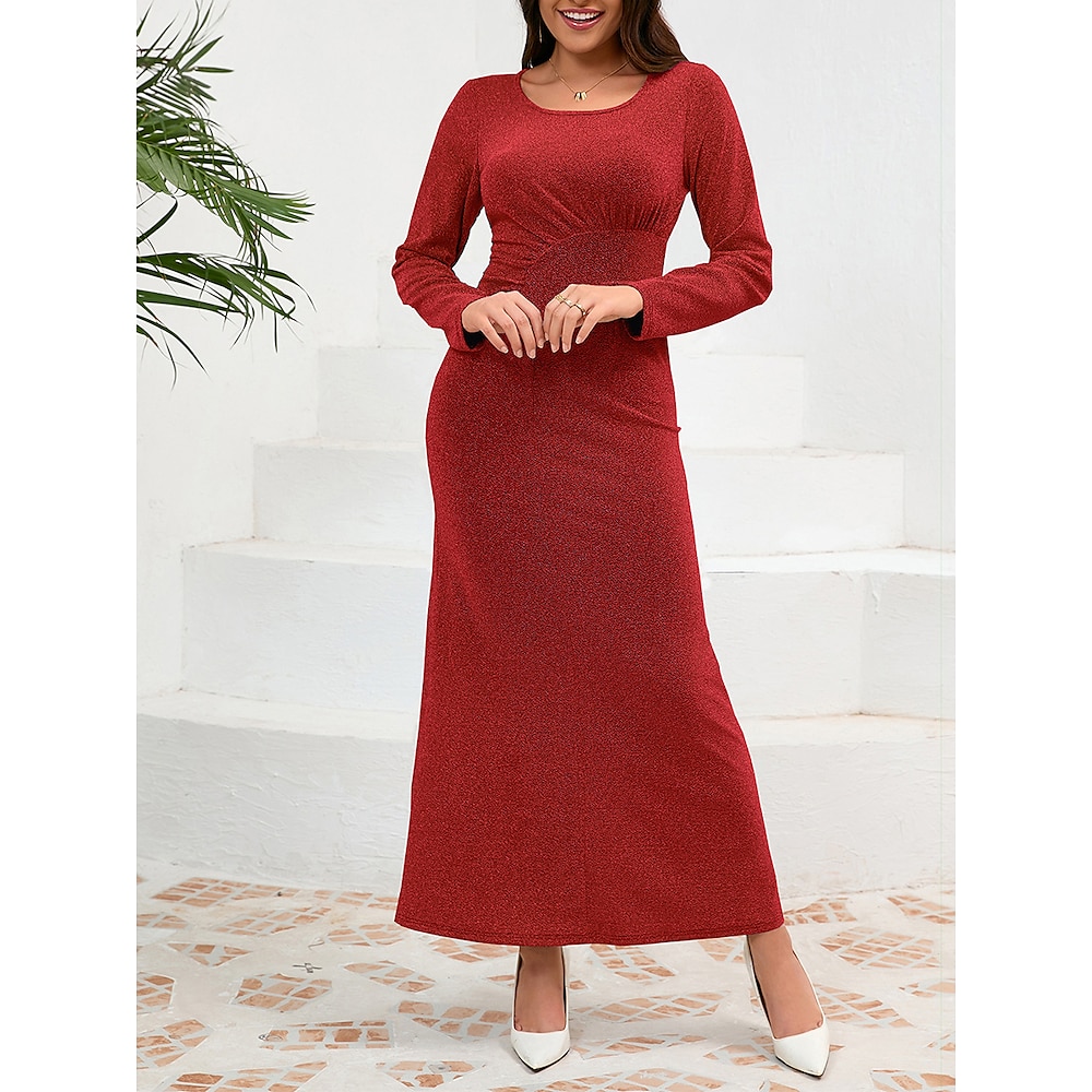 Damen Normal Strickkleid Elegant Glatt Maxidress Langarm Rundhalsausschnitt Patchwork Regular Fit Täglich Verabredung Rote Grün Beige Frühling Herbst Lightinthebox