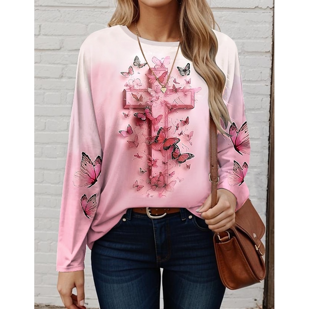 Damen T Shirt Brautkleider schlicht Farbverlauf Schmetterling Normale Oberteile Langarm Rundhalsausschnitt Bedruckt Regular Fit Täglich Rosa Frühling Herbst Lightinthebox