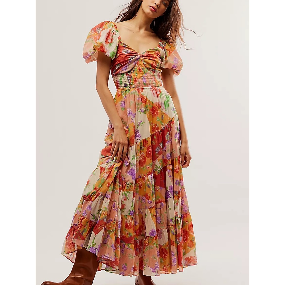 Damen Casual kleid Schaukelkleid A Linie Kleid Boho-Kleid Böhmen Vintage Brautkleider schlicht Blumen Maxidress Kurzarm V Ausschnitt Bedruckt Regular Fit Urlaub Täglich Rote Orange Beige Frühling Lightinthebox