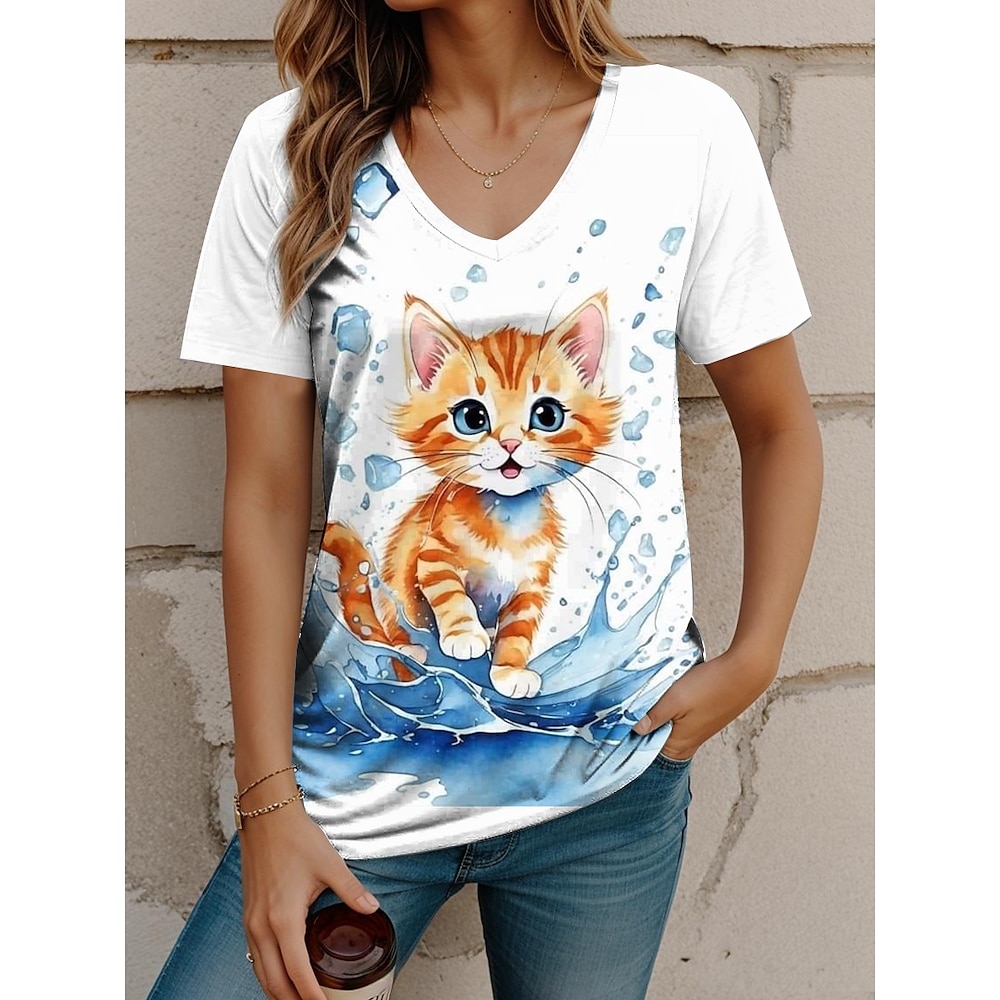 Damen T Shirt Stilvoll Brautkleider schlicht Tier Normale Oberteile Kurzarm V Ausschnitt Bedruckt Regular Fit Täglich Weiß Sommer Lightinthebox