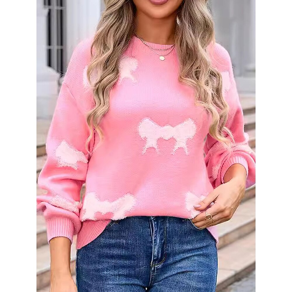 Damen Pullover Zur Seite fahren Elegant Modisch Strassenmode Farbblock Rundhalsausschnitt Strick Langarm Normale Oberteile Stricken Outdoor Täglich Wochenende Rosa Rote Herbst Winter Lightinthebox