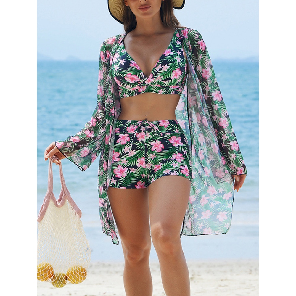 Damen Badeanzug Drei Stück Kurze Hosen Bademode Patchwork Elegant Urlaub Blumen Graphic Langarm Badeanzüge Lightinthebox