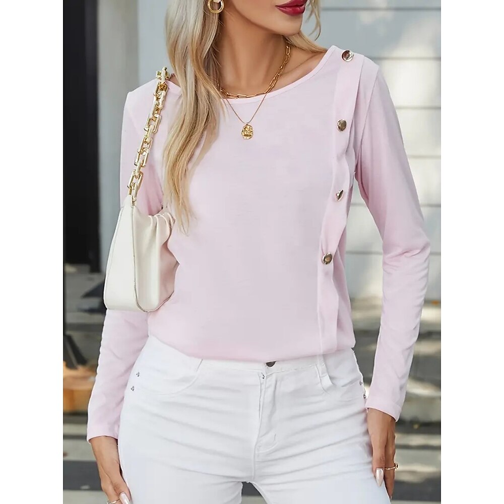 Damen T Shirt Modisch Modern Brautkleider schlicht Glatt Normale Oberteile Langarm Rundhalsausschnitt Knopf Regular Fit Täglich Wochenende Weiß Gelb Rosa Frühling Winter Lightinthebox