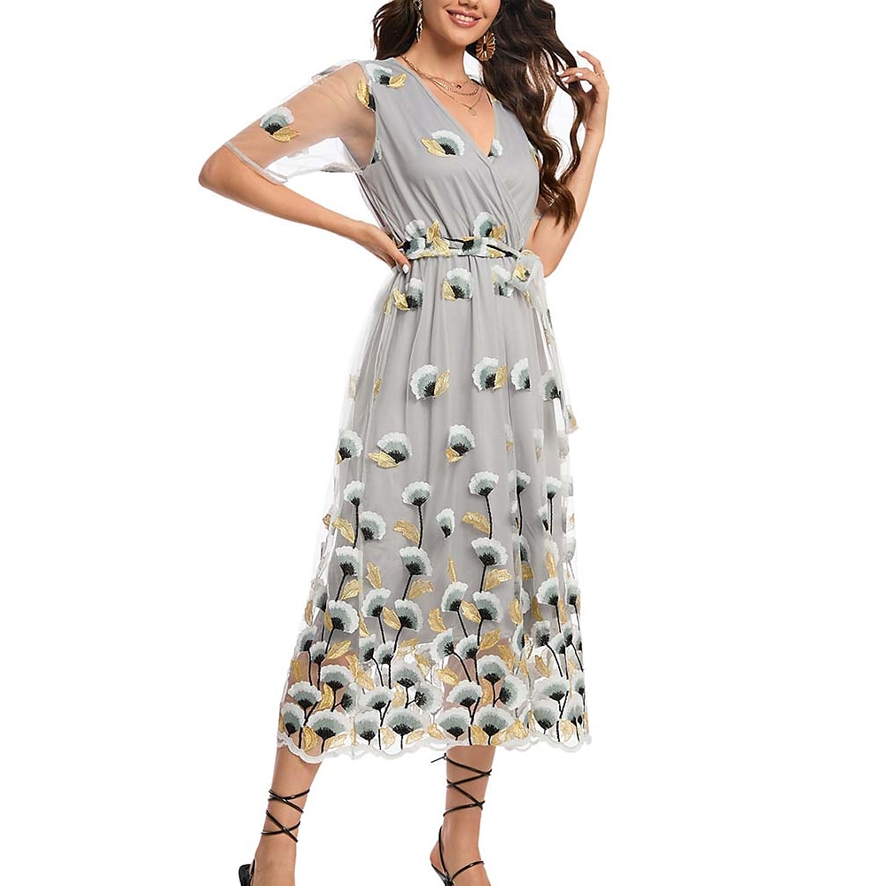 Cocktailkleider A-Linien-Kleid, elegantes Abendkleid, floral bestickte Spitzenapplikationen, Partykleidung, wadenlang, kurze Ärmel, V-Ausschnitt, Polyester mit Applikationen 2024 Lightinthebox