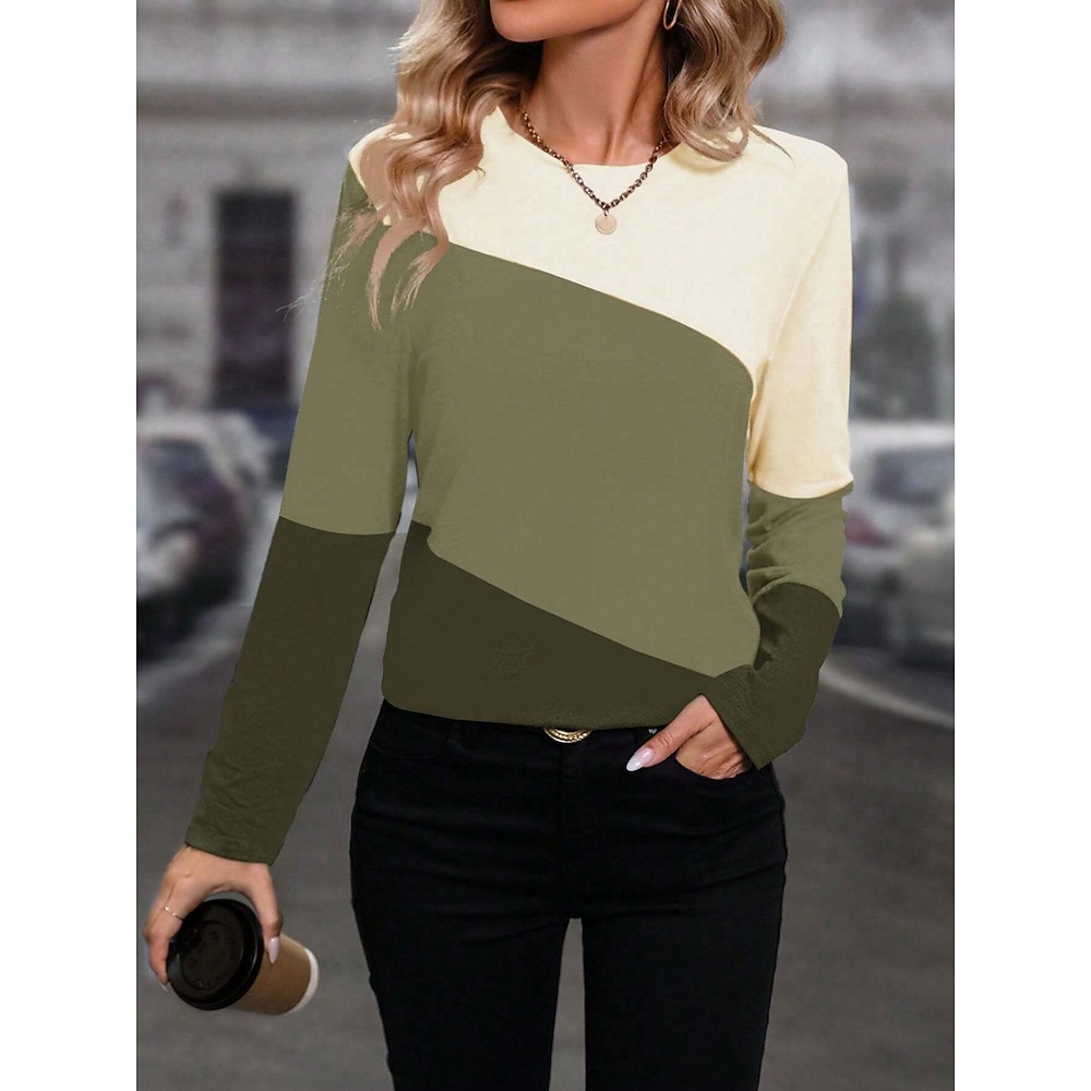 Damen T Shirt Brautkleider schlicht Geometrisch Normale Oberteile Langarm Rundhalsausschnitt Bedruckt Regular Fit Täglich Grün Frühling Herbst Lightinthebox