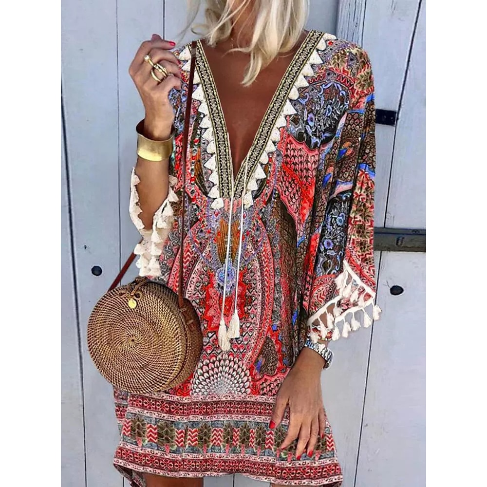 Damen Casual kleid Boho-Kleid Stilvoll Brautkleider schlicht Blumen Minikleid 3/4 Ärmel V Ausschnitt Bedruckt Randbereich Regular Fit Urlaub Täglich Rote Sommer Frühling Lightinthebox