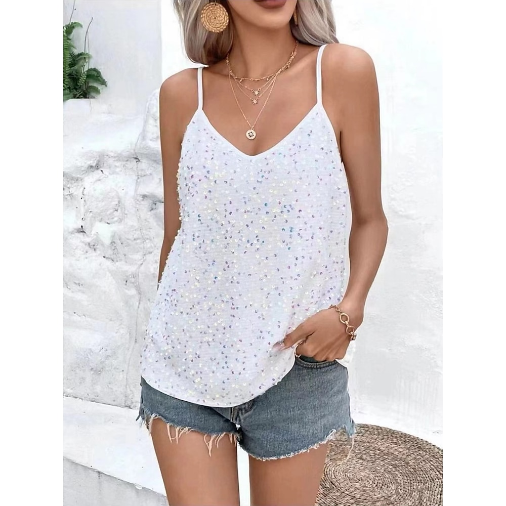 Damen Bluse Basic Brautkleider schlicht Feste Farbe Normale Oberteile Ärmellos Gurt Pailletten Regular Fit Täglich Schwarz Weiß Sommer Frühling Lightinthebox