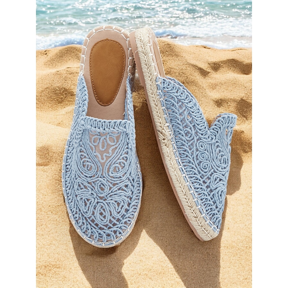 Damen Slip-Ons Boho Urlaub Täglich Stickerei Flacher Absatz Runde Zehe Böhmen Urlaub Gitter Stoff Halbschuhe Blau Gold Beige Lightinthebox