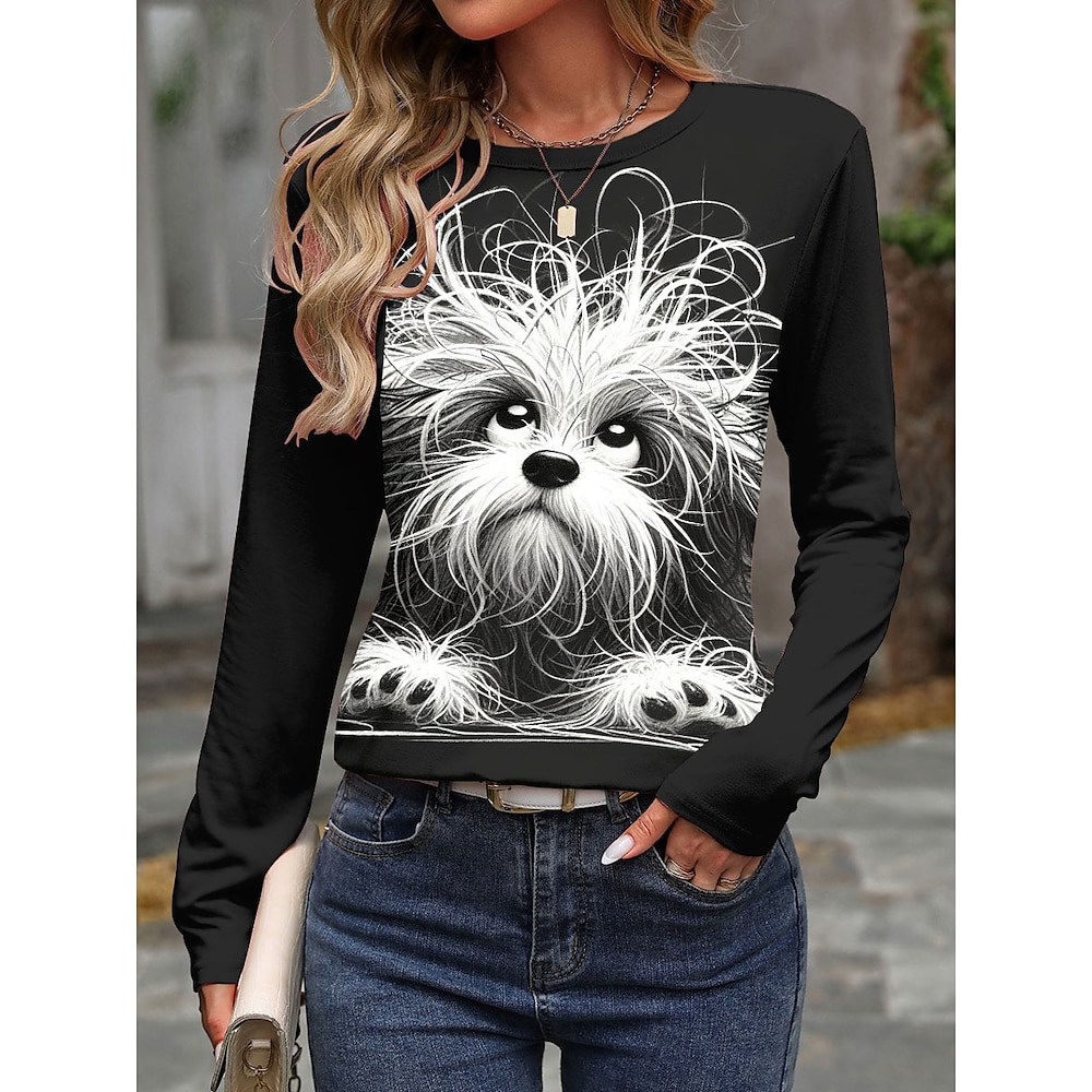 Damen T Shirt Brautkleider schlicht Hund Normale Oberteile Langarm Rundhalsausschnitt Bedruckt Regular Fit Täglich Schwarz Frühling Herbst Lightinthebox