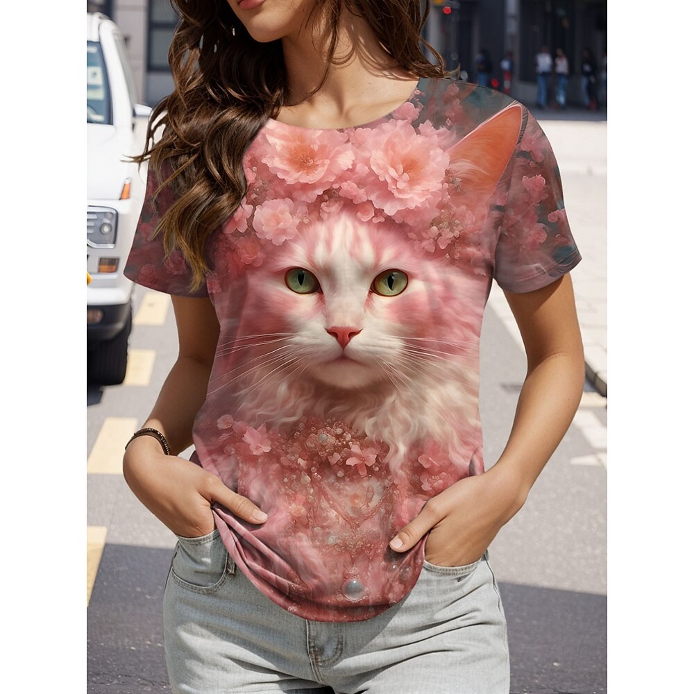 Damen T Shirt Blumen Katze Brautkleider schlicht Kurzarm Rundhalsausschnitt Normale Oberteile Täglich Bedruckt Rosa Sommer Lightinthebox