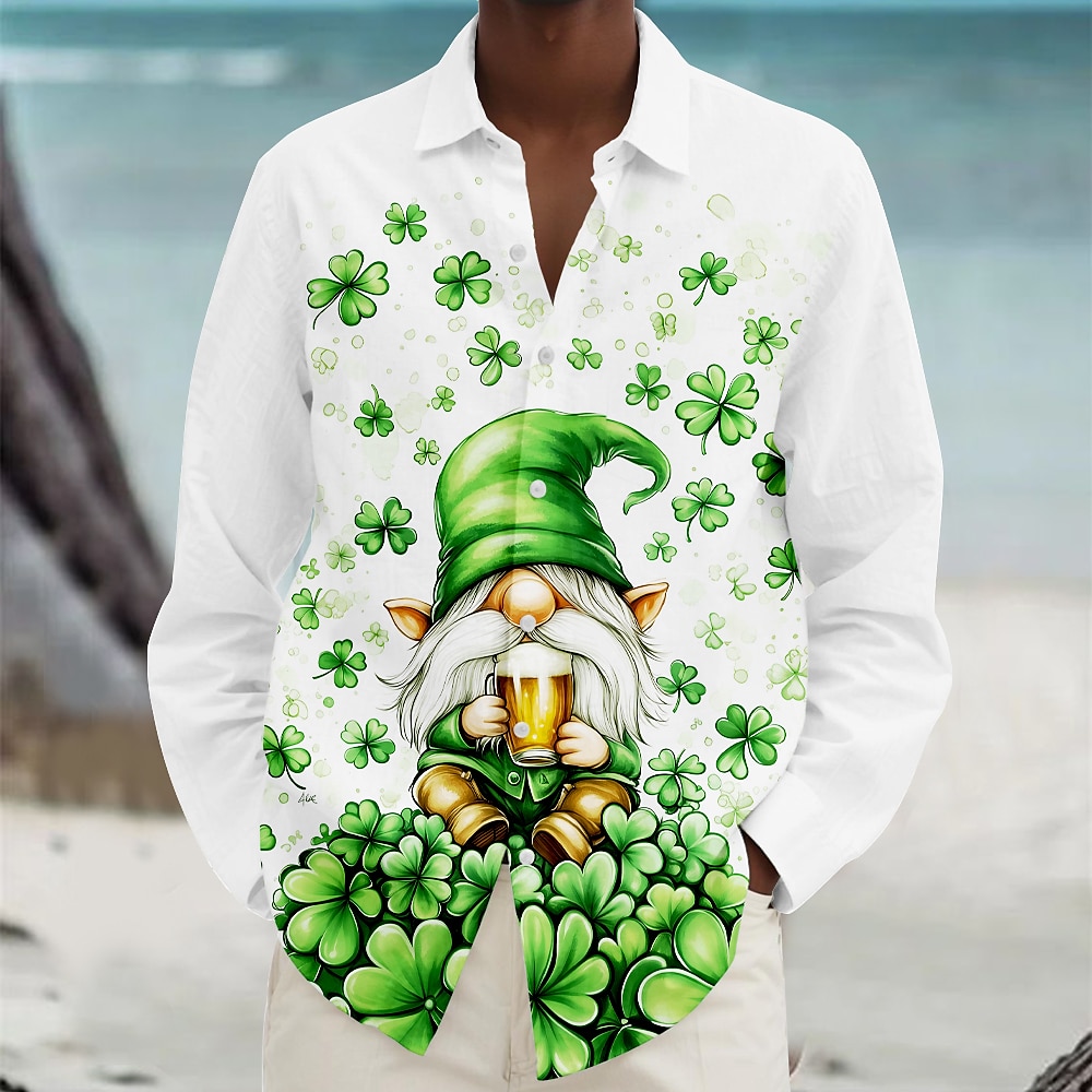 St. Patrick Herren Vierblättriges Kleeblatt Oktoberfest-Bier Lässiges Hemd Langarm Brautkleider schlicht Party Casual Frühling Herbst Ständer Knopf hoch Weiß Lightinthebox