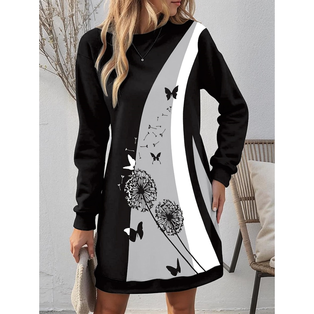 Damen Polyester Blumen Löwenzahn Rundhalsausschnitt Minikleid Herbst Winter Lightinthebox