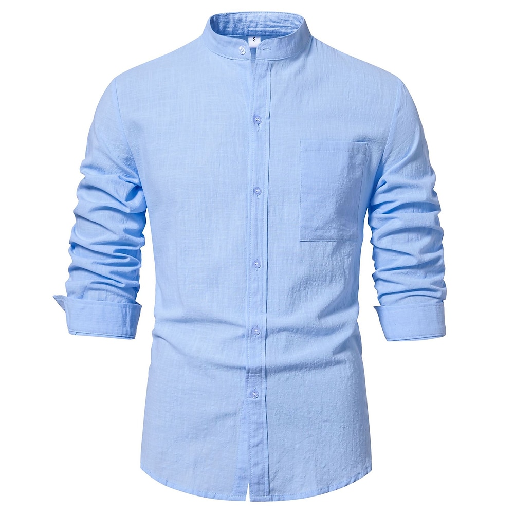 Herren Hemd leinenhemd Hemd mit Stehkragen Sommerhemd Strandhemd Glatt Urlaub Casual Weiß Dunkelmarine Blau Braun Langarm Stehkragen Frühling Sommer Bekleidung Lightinthebox