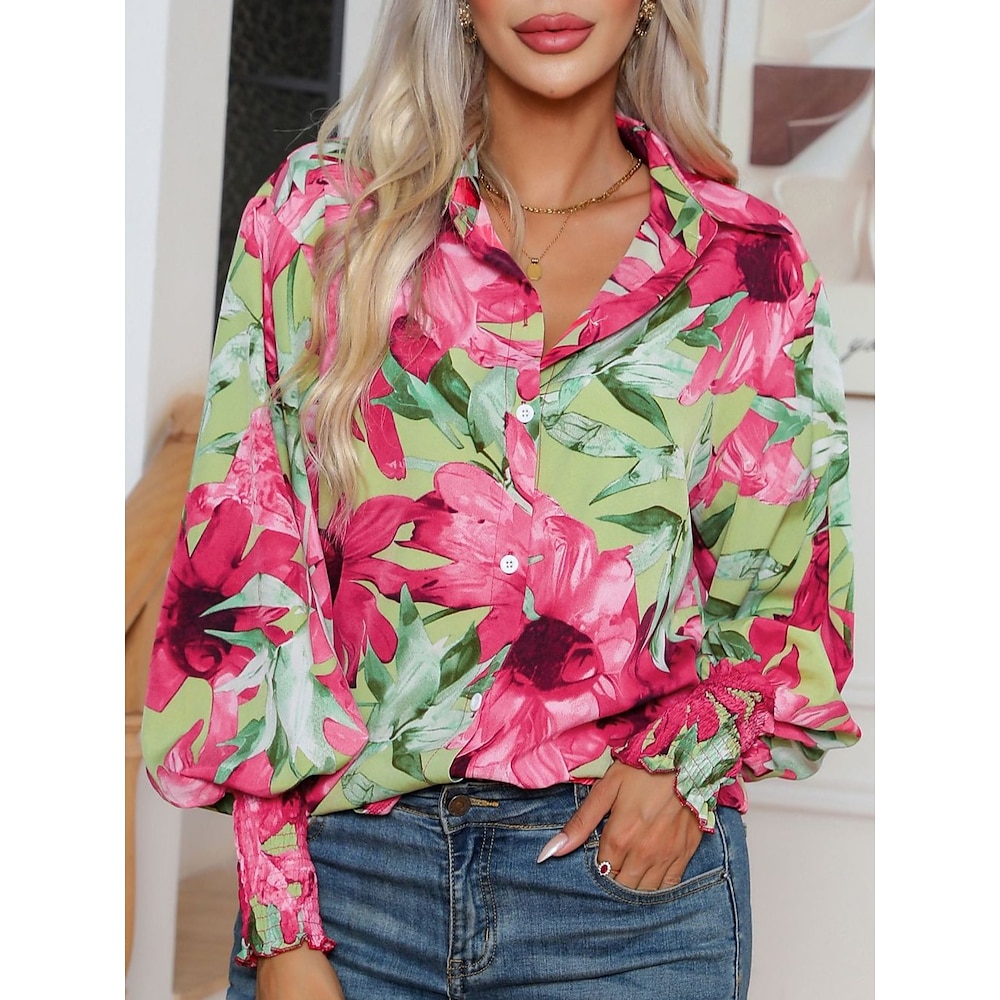 Damen Hemd Bluse Täglich Stilvoll Brautkleider schlicht Blumen Graphic Normale Oberteile Langarm Laternenärmel Hemdkragen Knopf Lockere Passform Täglich Festtage Blau Rosa Sommer Frühling Herbst Lightinthebox