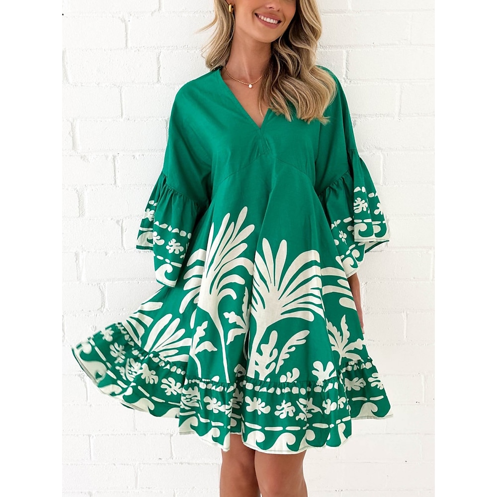 Damen Casual kleid Boho-Kleid Vintage Brautkleider schlicht Blumen Minikleid 3/4 Ärmel V Ausschnitt Bedruckt Regular Fit Urlaub Täglich Grün Frühling Herbst Lightinthebox