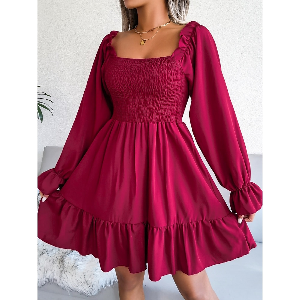 Damen Casual kleid Chiffon-Kleid A Linie Kleid Stilvoll Basic Brautkleider schlicht Glatt Minikleid Langarm Quadratischer Ausschnitt Rüsche Regular Fit Urlaub Täglich Schwarz Wein Sommer Frühling Lightinthebox