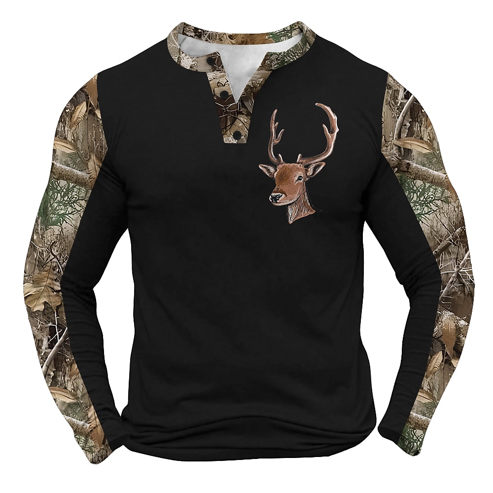 Herren Graphic Rentier Hirsch Henley Shirt Langarm Modisch Kuschelig Täglich Casual Festtage Ausgehen Frühling Herbst Dunkelbraun Schwarz Grün Marineblau Khaki Henley Henley T-Shirt Lightinthebox