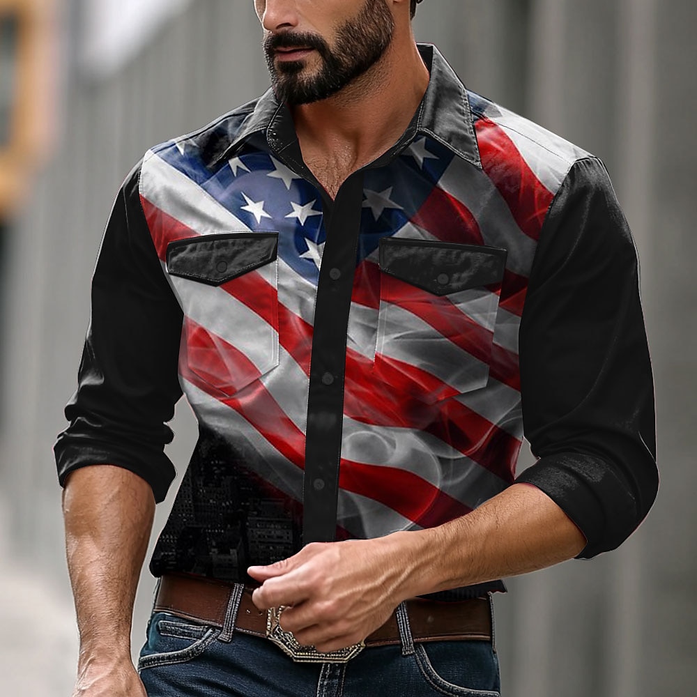 Herren Amerikanische US-Flagge Lässiges Hemd Westernhemd Langarm Western Brautkleider schlicht Sport Normal Casual Frühling Herbst Umlegekragen Knopf hoch 2 Taschen Schwarz Lightinthebox