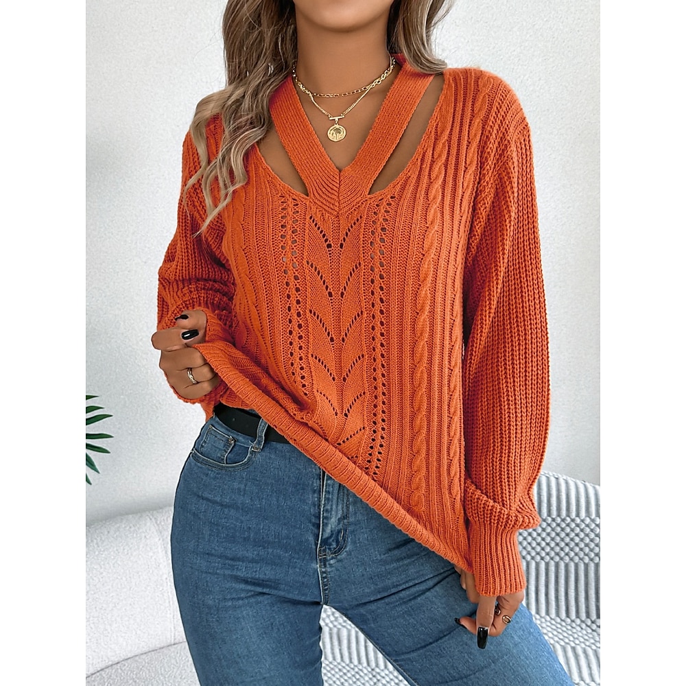 Damen Pullover Brautkleider schlicht Weich Einfarbig Gedrehtes V Ausschnitt Ausgehöhlt Strick Langarm Normale Oberteile Stricken Outdoor Täglich Wochenende Weiß Orange Herbst Winter Lightinthebox