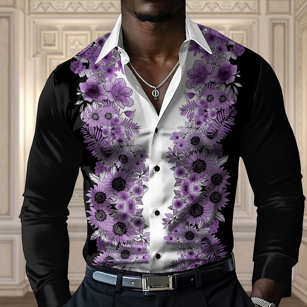 Herren Blumen Lässiges Hemd Langarm Brautkleider schlicht Party Geschenk Casual Frühling Herbst Umlegekragen Knopf hoch Gelb Blau Purpur Grau Lightinthebox