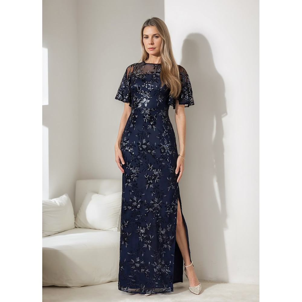 A-Linie Kleid Brautmutterkleid Elegant Illusionsausschnitt Boden-Länge Pailletten Stretch Chiffon Kurzarm mit Spitze Stickerei Einheitliche Farbe 2024 Lightinthebox