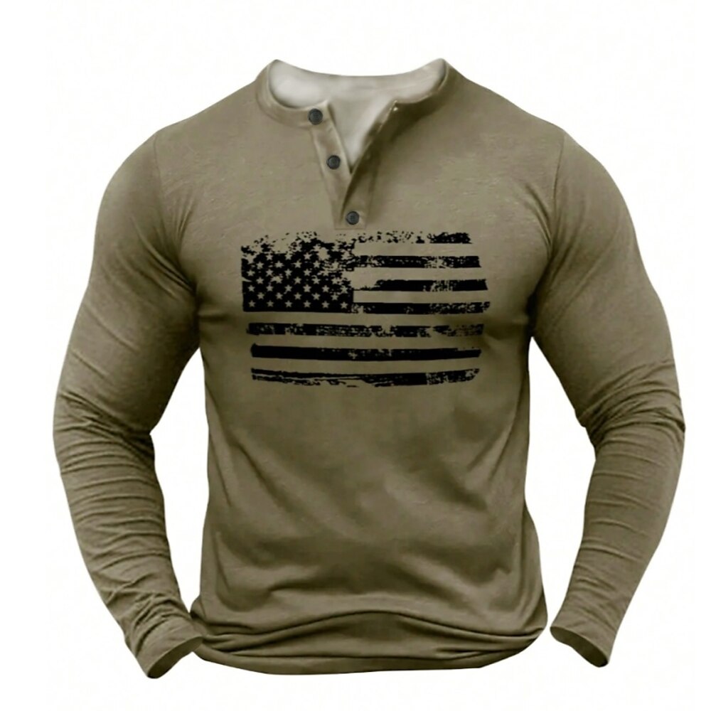 Herren Amerikanische US-Flagge Henley Shirt T-Shirt T-Shirt Langarm Vintage Modisch Komfortabel Casual Täglich Frühling Herbst Mattgrau Schwarz Khaki Hellgrau Henley Henley T-Shirt Lightinthebox