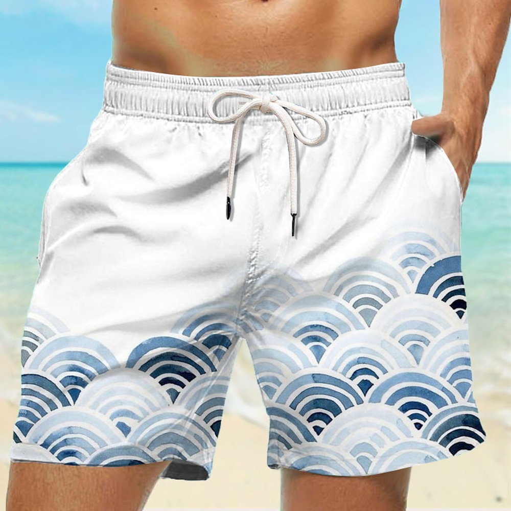 Herren Geometrische Muster Wellen Shorts Kurze Hosen Sommer-Shorts Strandshorts Kurze Hosen Mittlere Taillenlinie Tropisch Strassenmode Hawaiianisch Urlaub Täglich Festtage Kordelzug Elastische Lightinthebox