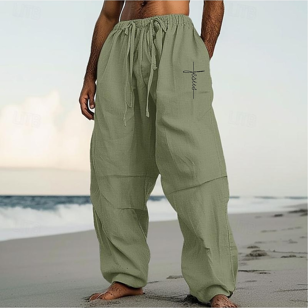 Herren Leinenhose Hose Hosen Sommerhosen Schlabberhose Tasche Kordelzug Elastische Taille Glatt Komfort Atmungsaktiv In voller Länge Casual Täglich Festtage Urlaub Strassenmode Schwarz Weiß Lightinthebox