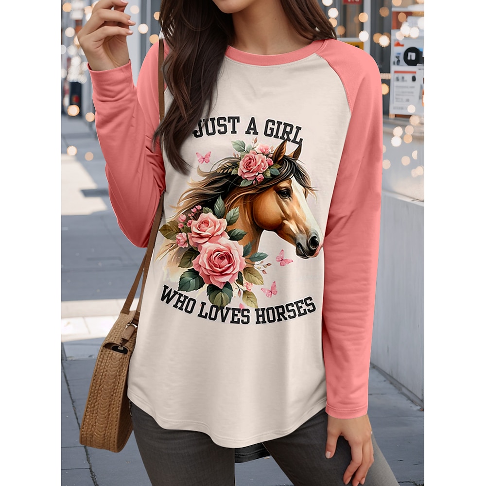 Damen T Shirt Brautkleider schlicht Valentinstag Blumen Pferd Lange Oberteile Langarm Rundhalsausschnitt Bedruckt Regular Fit Täglich Rosa Herbst Winter Lightinthebox