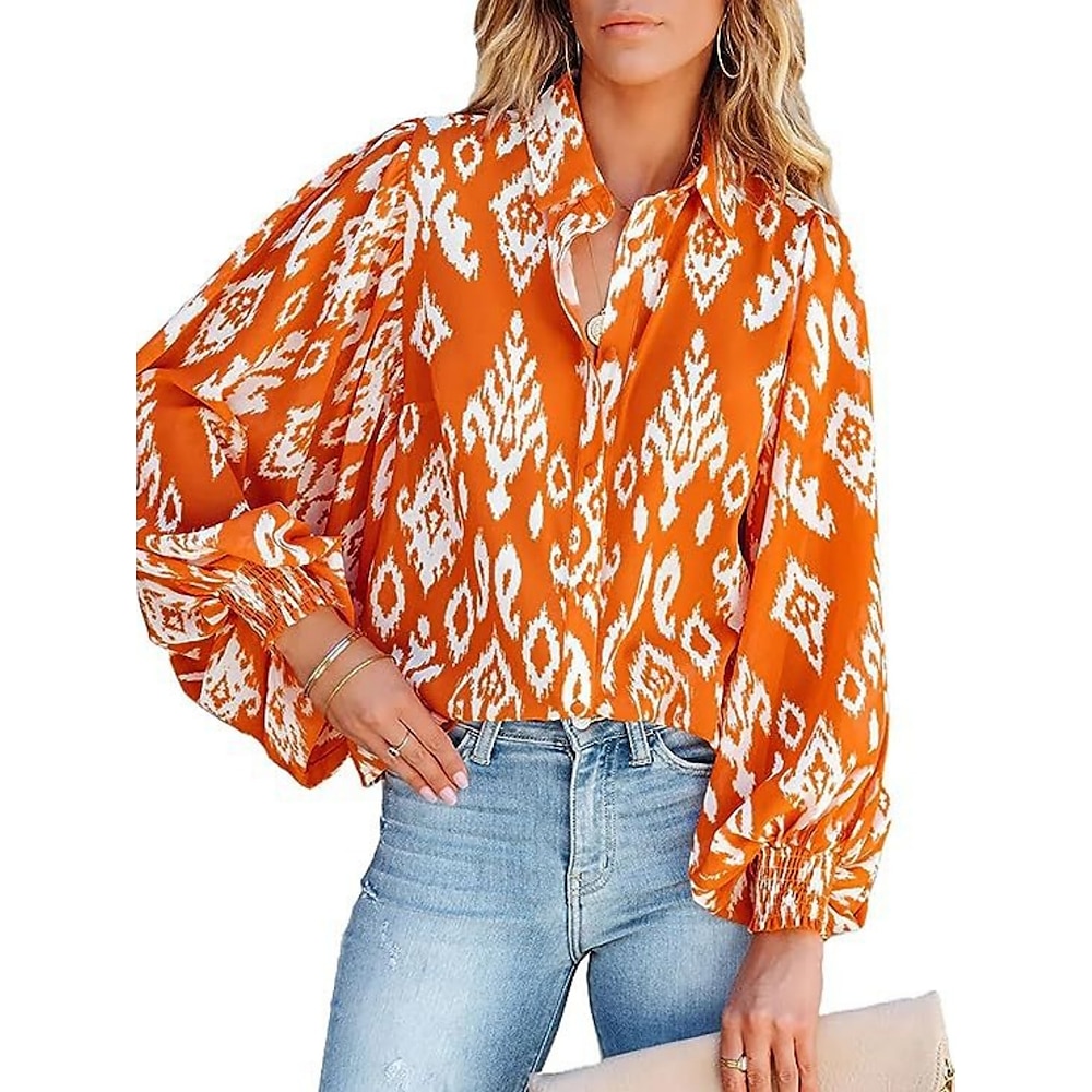 Damen Hemd Bluse Brautkleider schlicht Geometrisch Normale Oberteile Langarm Hemdkragen Knopf Bedruckt Regular Fit Täglich Schwarz Orange Frühling Herbst Lightinthebox