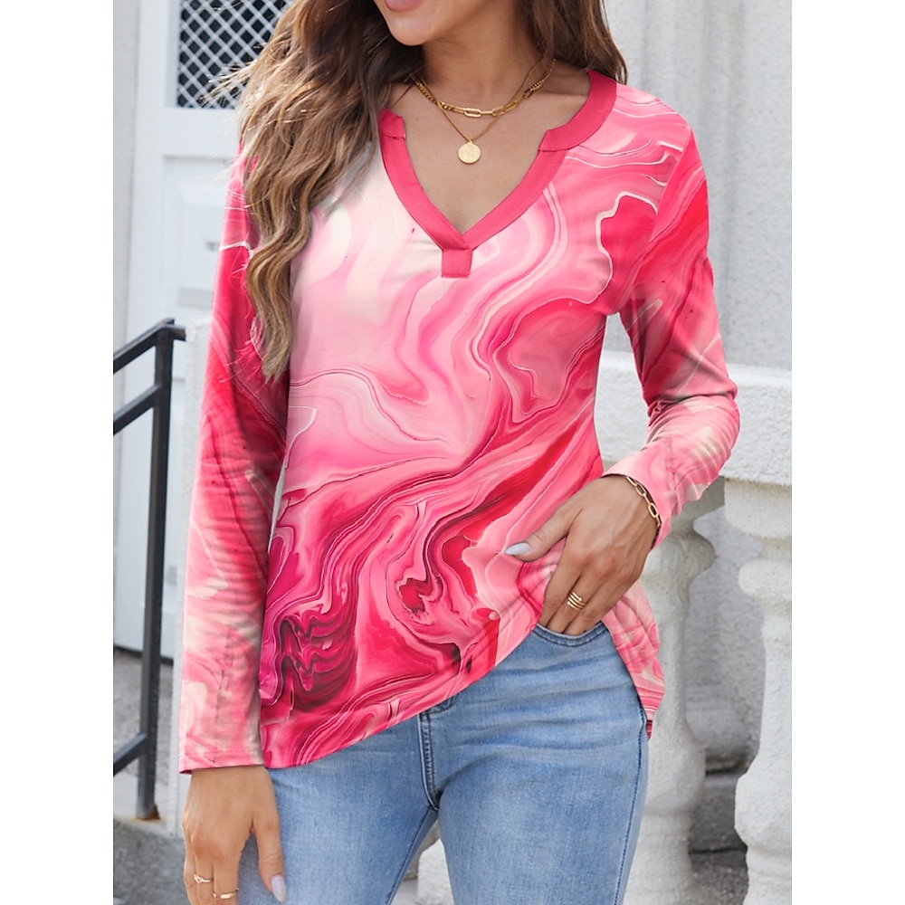 Damen T Shirt Brautkleider schlicht Farbverlauf Normale Oberteile Langarm Gekerbter Hals Bedruckt Regular Fit Täglich Rosa Frühling Winter Lightinthebox