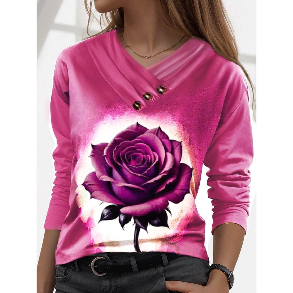 Damen T Shirt Stilvoll Brautkleider schlicht Rose Normale Oberteile Langarm V Ausschnitt Knopf Bedruckt Regular Fit Täglich Rosa Purpur Herbst Winter Lightinthebox