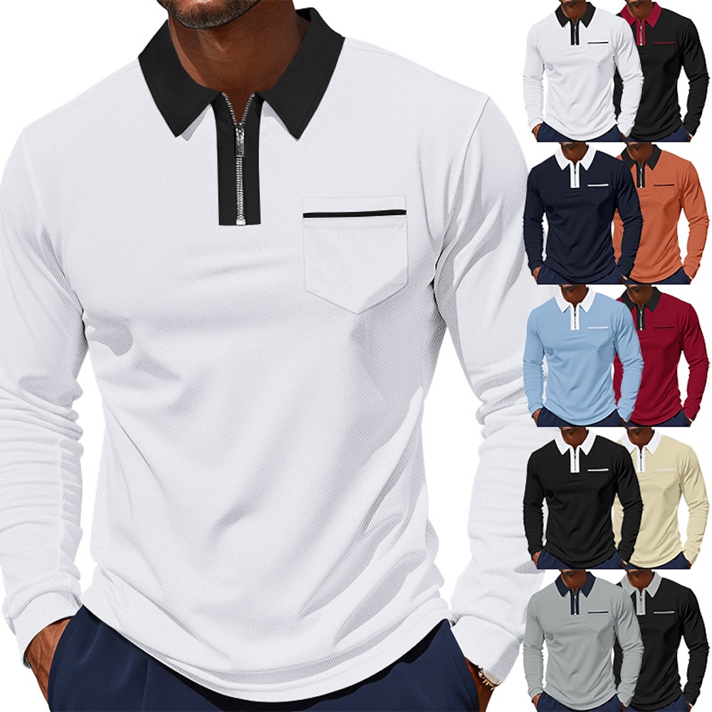 Herren Poloshirt mit Viertelreißverschluss Golfhemd Täglich Festtage Viertel Postleitzahl Langarm Modisch Modern Farbblock Patchwork Frühling Herbst Regular Fit Schwarz Weiß Dunkelrot Rote Lightinthebox