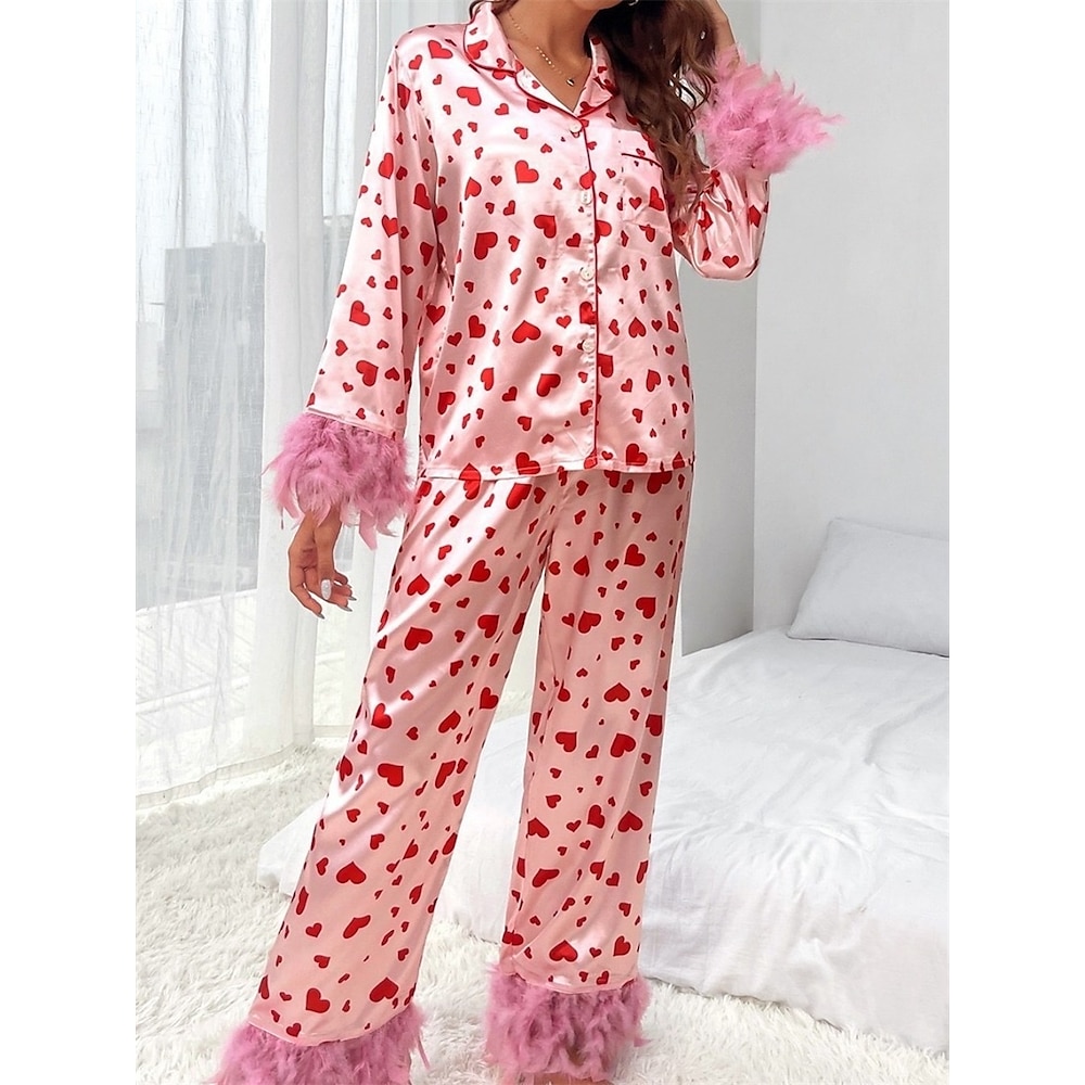 Damen Schlafanzug Set Brautkleider schlicht Komfort Herz Elastische Taille Hemd Hose Heim Valentinstag Täglich Langarm Hemdkragen Rosa Sommer Frühling Herbst Lockere Passform Lightinthebox