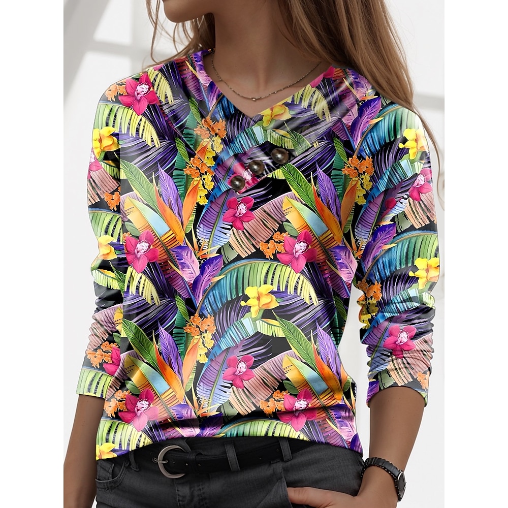 Damen T Shirt Stilvoll Brautkleider schlicht Graphic Normale Oberteile Langarm V Ausschnitt Knopf Bedruckt Regular Fit Täglich Regenbogen Herbst Winter Lightinthebox