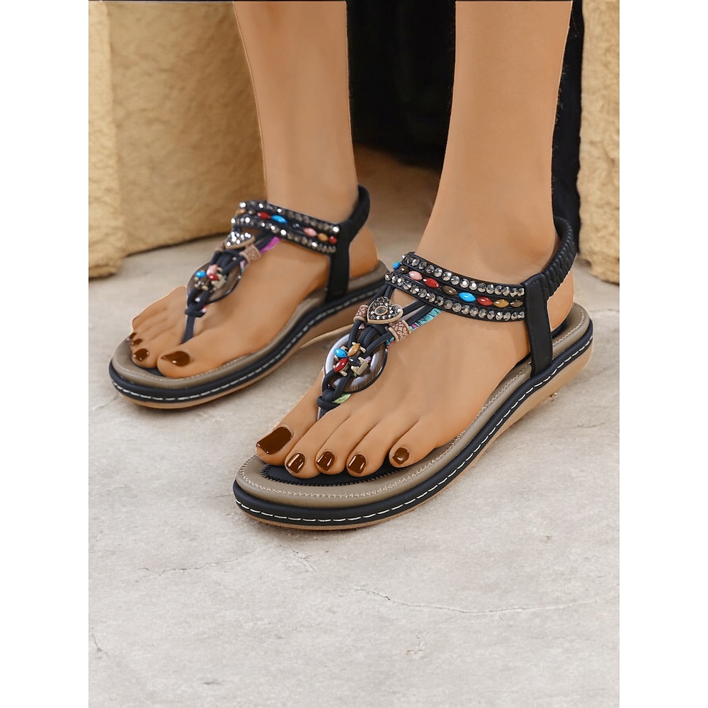 Flache Sandalen aus schwarzem Kunstleder im Bohemian-Stil für Damen - farbenfrohes Perlendesign mit Holzakzenten, perfekt für den Strand, den Sommerurlaub und Freizeitausflüge Lightinthebox