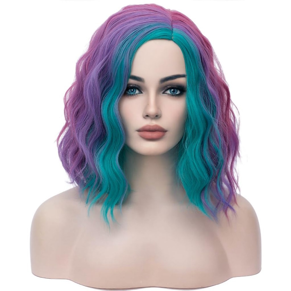 Mehrfarbige Perücken für Damen und Mädchen im Regenbogen-Look, kurze lockige Bob-Perücke mit gewelltem Haar, farbige Seitenteile, Ganzkörperwelle, Halloween, Cosplay, tägliche Party-Perücken für den Lightinthebox