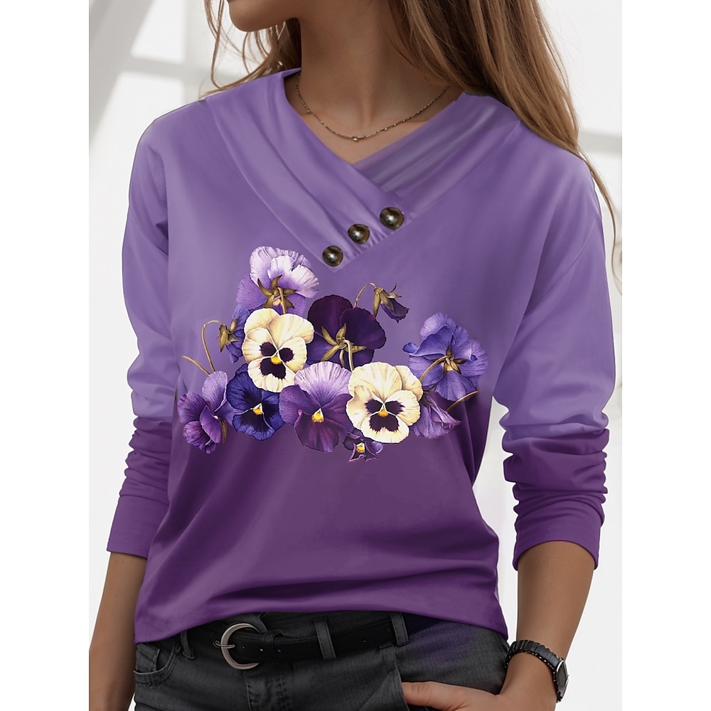 Damen T Shirt Stilvoll Brautkleider schlicht Blumen Normale Oberteile Langarm V Ausschnitt Knopf Bedruckt Regular Fit Täglich Purpur Herbst Winter Lightinthebox