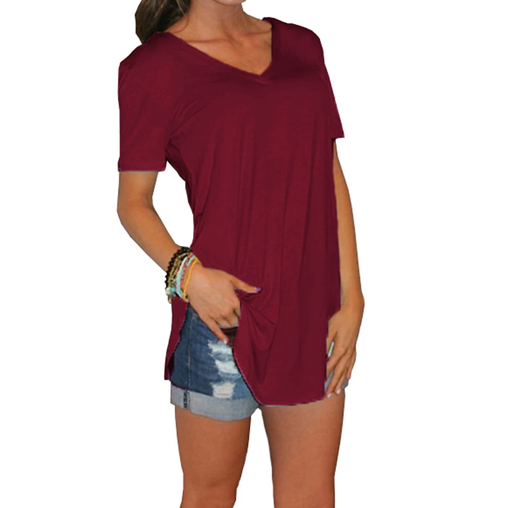 Damen T Shirt Brautkleider schlicht Feste Farbe Normale Oberteile Kurzarm V Ausschnitt Patchwork Lockere Passform Täglich Ausgehen Weiß Rote Sommer Lightinthebox