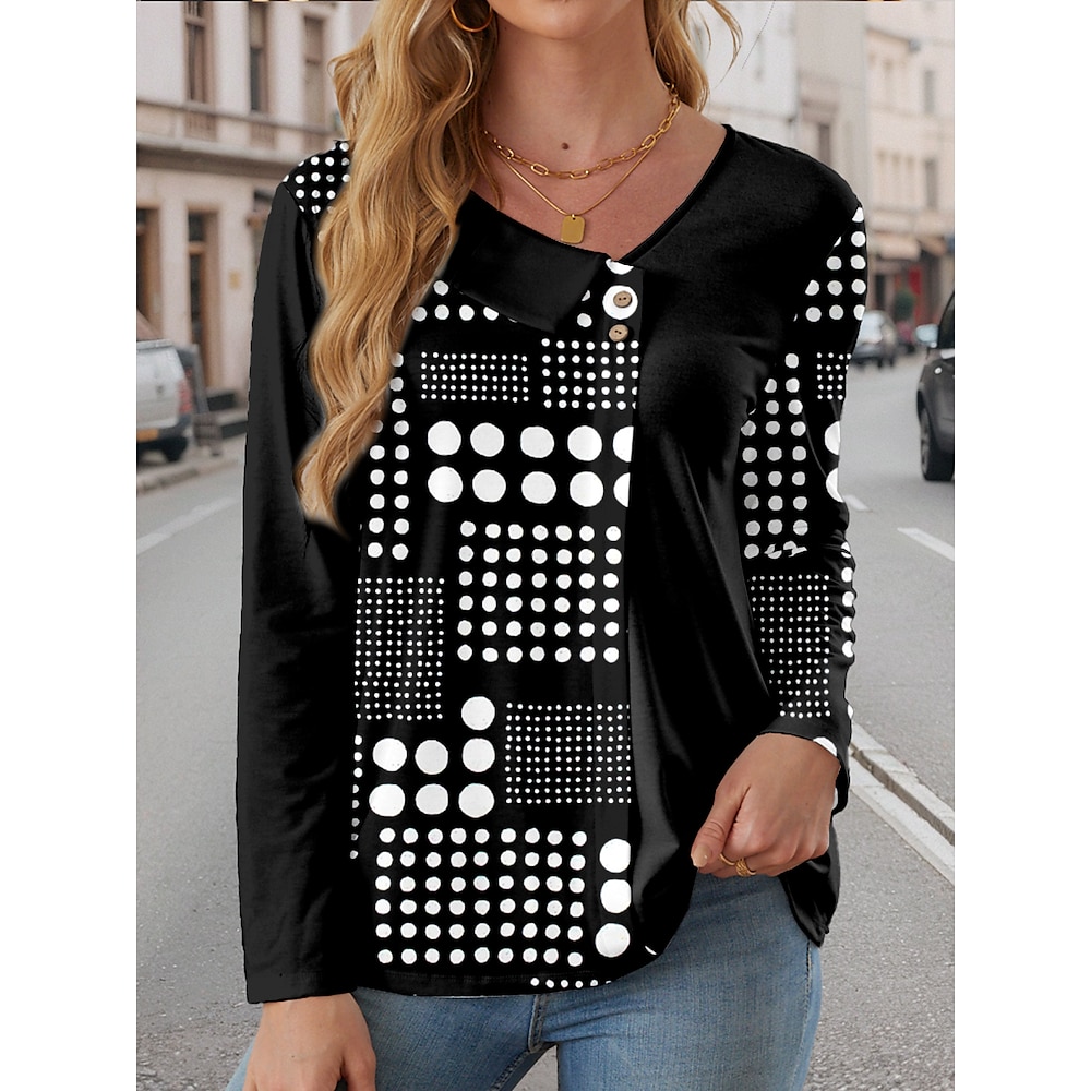 Damen T Shirt Brautkleider schlicht Geometrisch Normale Oberteile Langarm V Ausschnitt Knopf Bedruckt Regular Fit Täglich Schwarz Frühling Herbst Lightinthebox