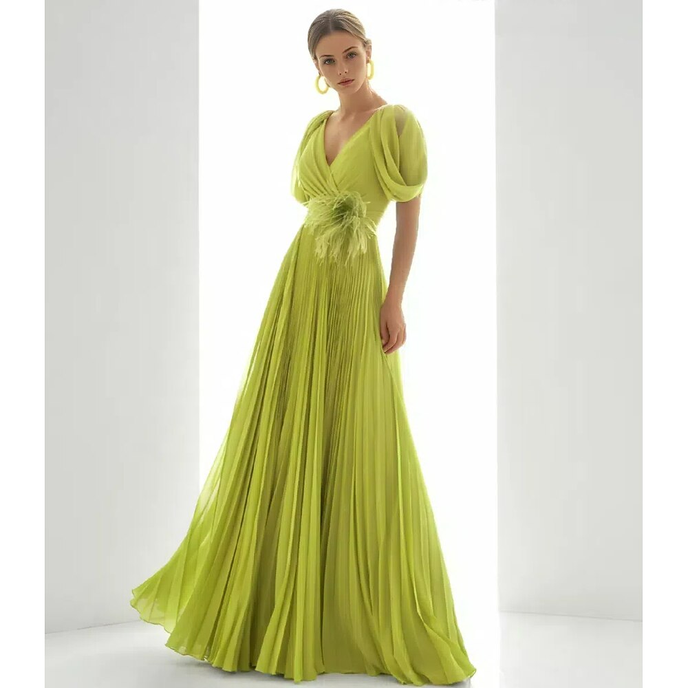 A-Linie Abendkleider Elegant Kleid Formal Boden-Länge Kurzarm V Ausschnitt Tasche Chiffon mit Feder Gerafft 2024 Lightinthebox