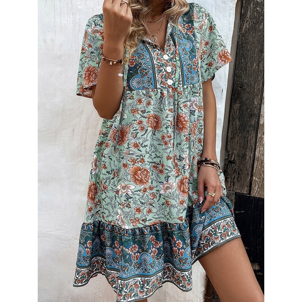 Damen Casual kleid Boho Chic Kleider Böhmen Ethnisch Brautkleider schlicht Blumen Minikleid Kurzarm V Ausschnitt Bedruckt Lockere Passform Urlaub Täglich Strand Rote Grün Sommer Frühling Lightinthebox