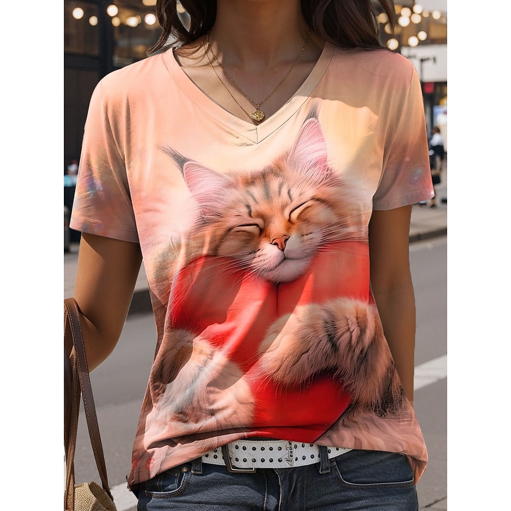 Damen-T-Shirt mit Valentinstags-Herz, süße Katze, normale Oberteile, kurze Ärmel, V-Ausschnitt, Druck, normale Passform, täglich, rosa, Sommer Lightinthebox