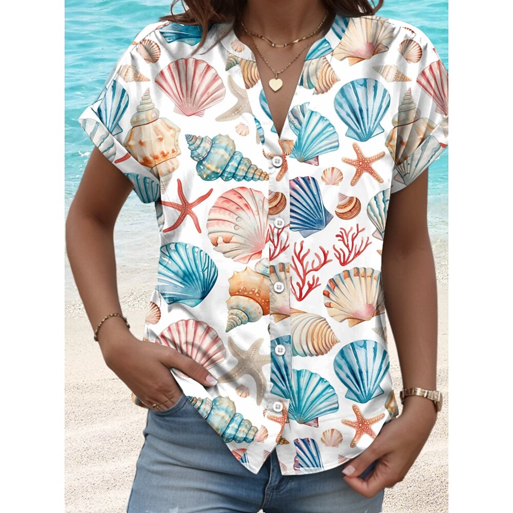 Damen Bluse Stilvoll Strand Design Bedruckt Kurzarm Normale Oberteile Hemdkragen Urlaub Täglich Weiß Frühling Herbst Lightinthebox