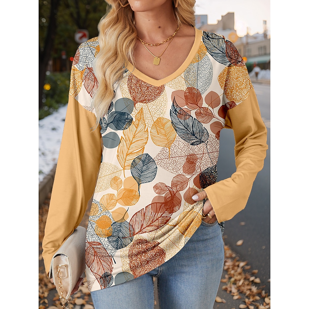 Damen T Shirt Brautkleider schlicht Bedruckt Langarm Lange Oberteile V Ausschnitt Täglich Wochenende Orange Herbst Winter Lightinthebox