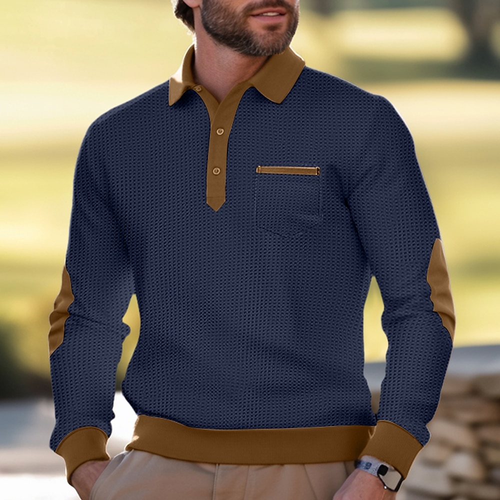 Herren Poloshirts zum Suchbegriff: Waffel Poloshirts Formal Arbeit Gerippter Polokragen Langarm Modisch Komfortabel Farbblock Knopf Sommer Frühling Herbst Schwarz Marineblau Poloshirts zum Lightinthebox